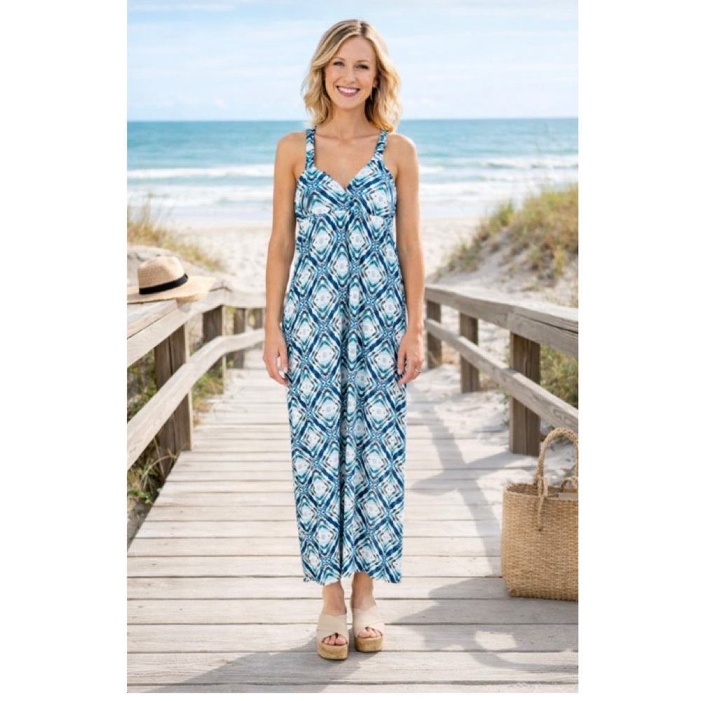 🧋 PINK ROSE Blue Ikat Maxi Dress NWT $89 S